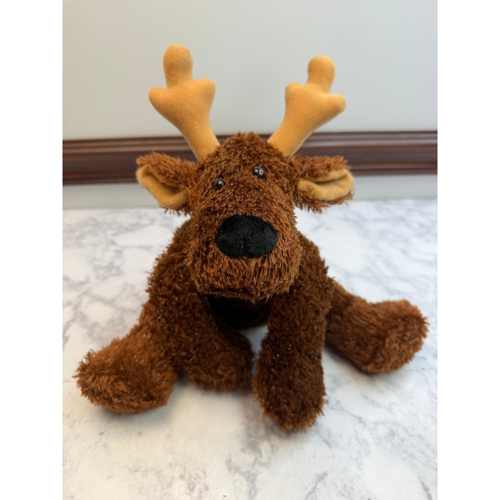 Hallmark Reindeer Plush Brown Shimmer Tinsel Fur Red Collar Stuffed Animal 10in